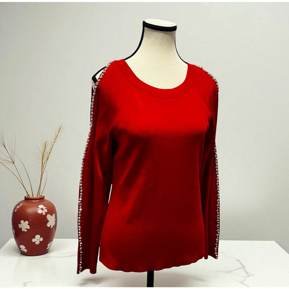 INC Red Knit Sweater Rhinestones & Beads Down Cold Shoulder Sleeve Size PM - Picture 1 of 9